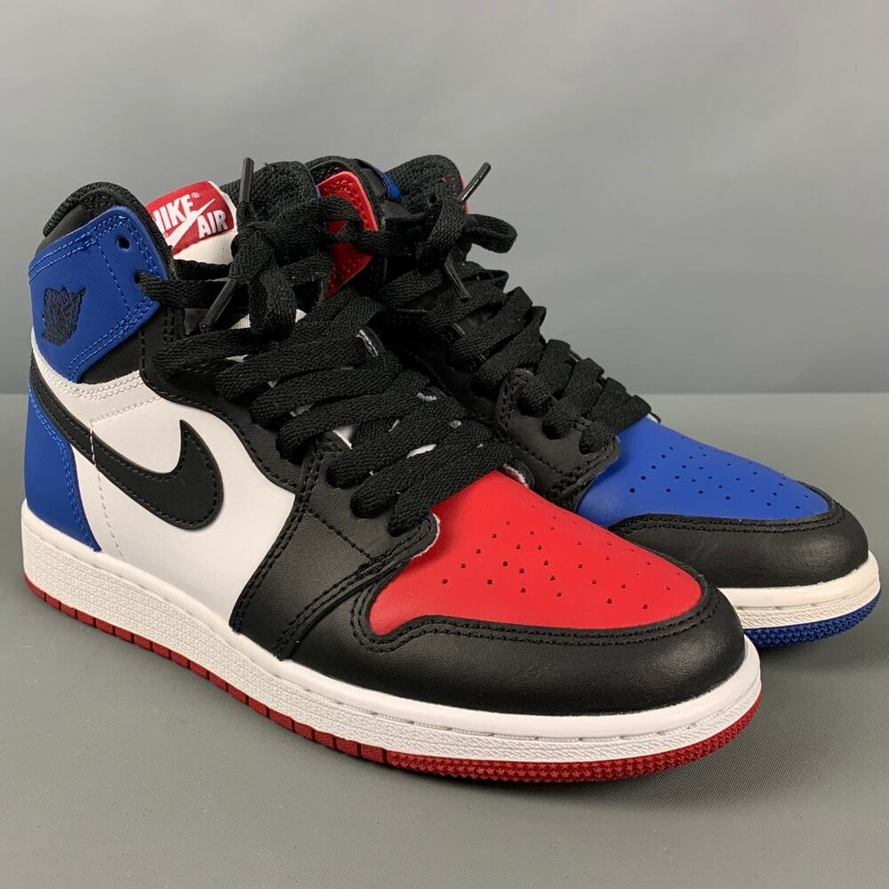 NIKE Size 6Y Black Red & Blue Color Block Leather High Top Sneakers